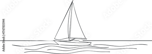 Minimalist line art illustration of a sailboat gliding across calm ocean waters.