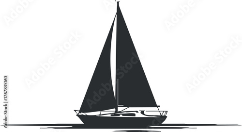 A sleek silhouette of a sailboat with its sails raised gliding across calm waters.