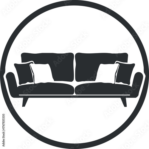 A minimalist black silhouette of a stylish sofa with cushions in a circular design.