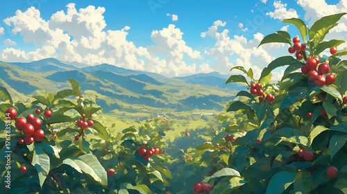 Fototapeta Naklejka Na Ścianę i Meble -  Anime style coffee trees in the forest, vast forest lofi art