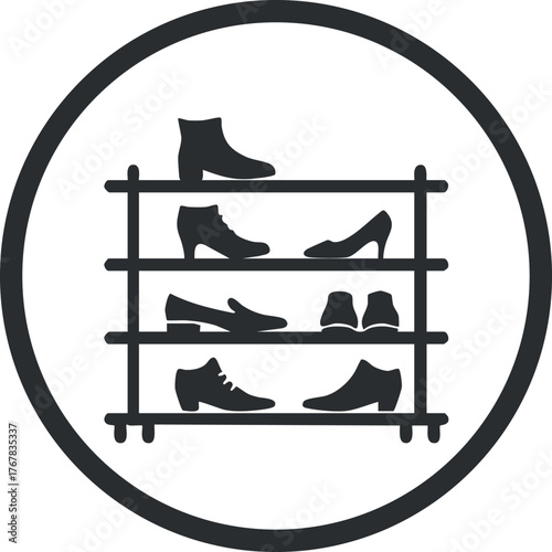 A simple black icon of a shoe rack displaying various types of footwear in a circular design.