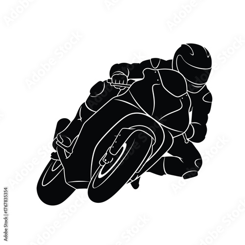Dynamic motorcycle rider leaning into a sharp turn speed and power vector