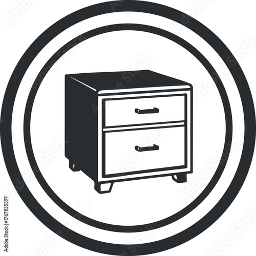 Illustration of a minimalist nightstand with two drawers in a circular design.
