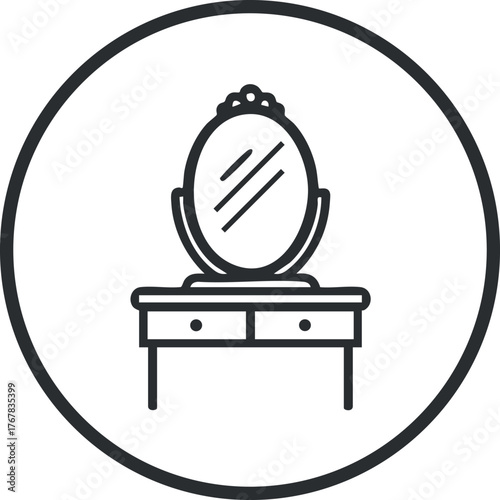 A minimalist illustration of a vanity mirror on a dressing table for home decor.