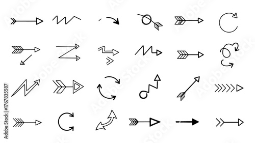 A diverse collection of hand-drawn black arrow icons in various doodle styles, isolated on a white background.