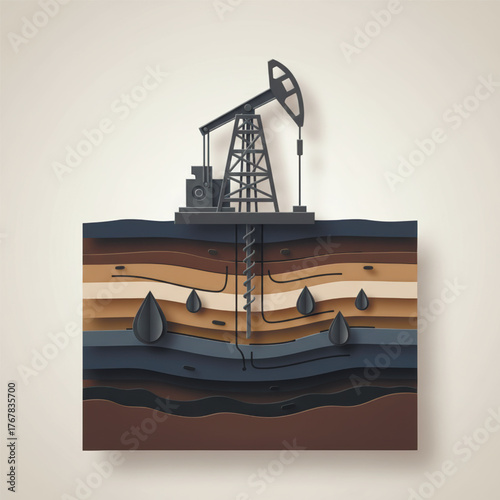 Paper cut vector of oil drilling rig showing geological layers and underground oil flow. Concept of petroleum extraction and industrial energy source. Vector illustration
