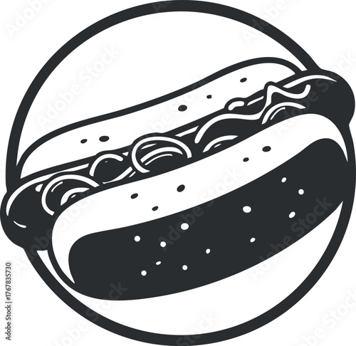 A simple black and white illustration of a hotdog in a circular design.