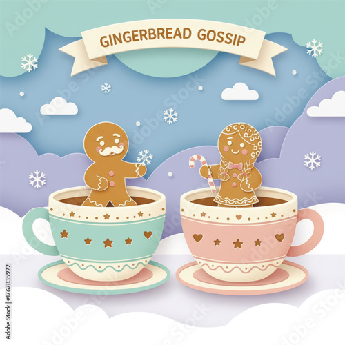 Whimsical paper cut vector of gingerbread man and woman in teacups of cocoa. Festive winter scene with pastel tones and Christmas sweetness. Vector illustration