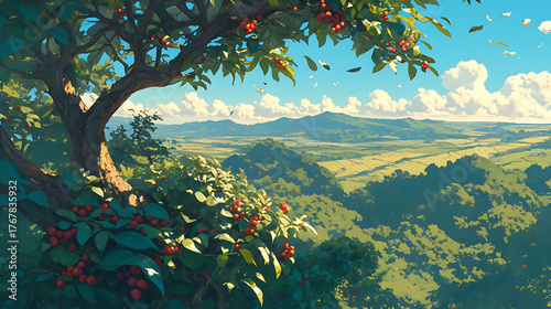 Fototapeta Naklejka Na Ścianę i Meble -  Anime style coffee trees in the forest, vast forest lofi art