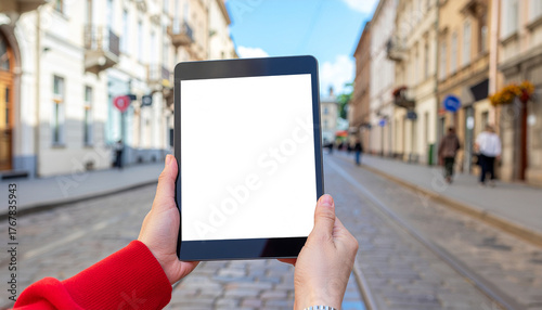 Person holding tablet with blank screen on city street background
