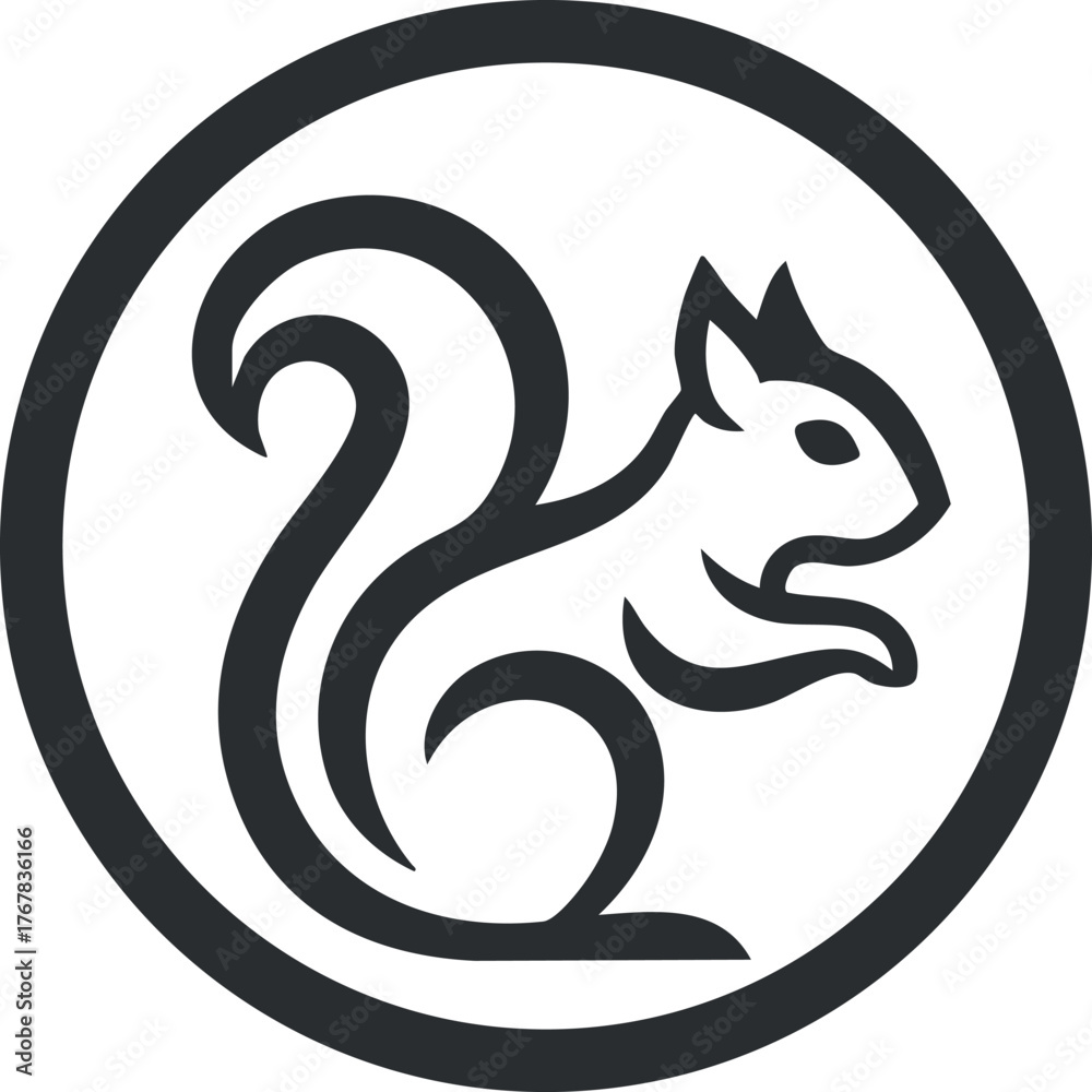 Naklejka premium Stylized black and white squirrel icon in a circular design representing nature and wildlife.