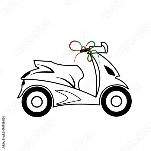 Minimalist line art icon of a modern scooter with a decorative ribbon, isolated on transparent background, perfect for travel, city mobility and adventure concepts