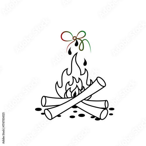 Minimalist line art icon of a campfire with logs and a decorative ribbon, isolated on transparent background, perfect for travel, camping and adventure themes