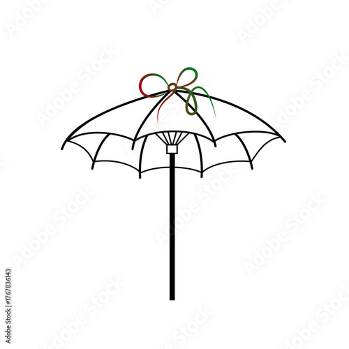 Minimalist line art icon of a beach umbrella with a decorative ribbon, isolated on transparent background, ideal for travel, summer and seaside holiday themes