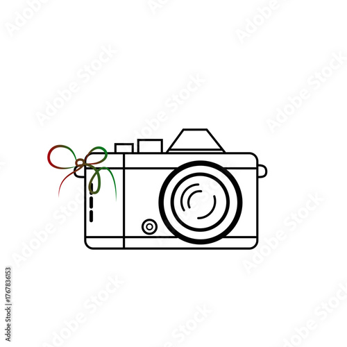 Minimalist line art icon of a classic photo camera with a decorative ribbon, isolated on transparent background, perfect for travel, photography and adventure concepts
