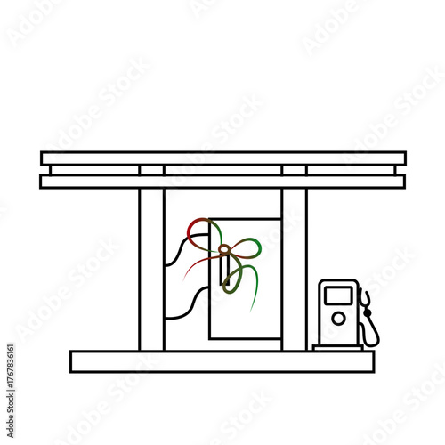 Minimalist line art icon of a roadside gas station with fuel pump and decorative ribbon, isolated on transparent background, great for travel, driving and transport themes