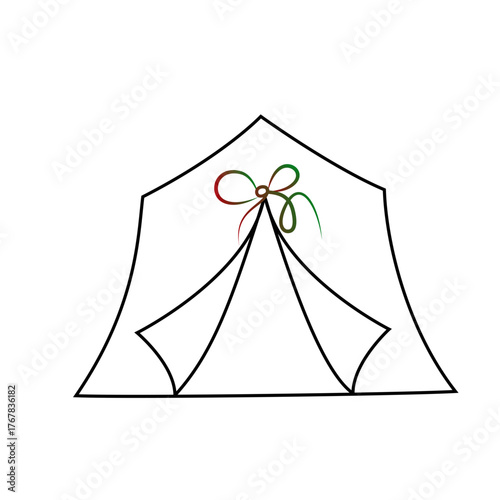 Minimalist line art icon of a camping tent with a decorative ribbon, isolated on transparent background, perfect for travel, outdoor recreation and adventure themes
