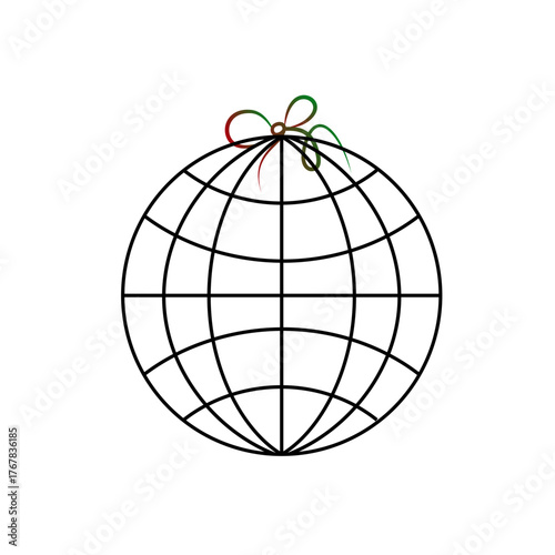 Minimalist line art icon of a stylized globe with a decorative ribbon, isolated on transparent background, ideal for travel, global connection and international concepts