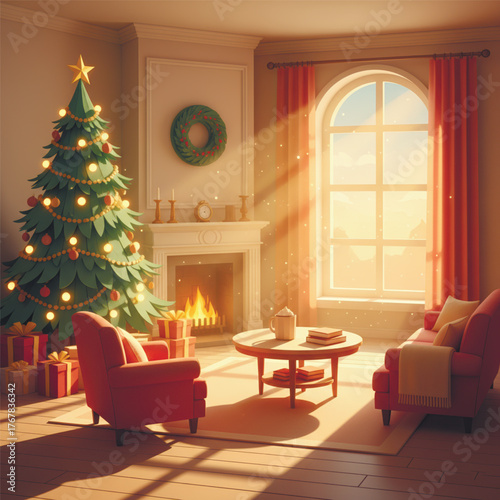 Warm cozy living room decorated for Christmas with glowing tree, gifts, and fireplace. Festive paper cut style illustration full of holiday spirit. Vector illustration