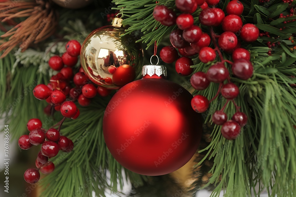 Fototapeta premium Festive Holiday Decorations with Ornaments and Berries Amidst Evergreen Branches