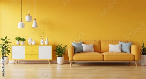 Bright yellow living room with modern sofa cabinet and hanging pendant lights