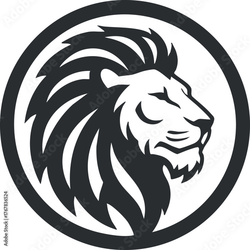 Stylized black and white lion head logo symbolizing strength and courage in design.