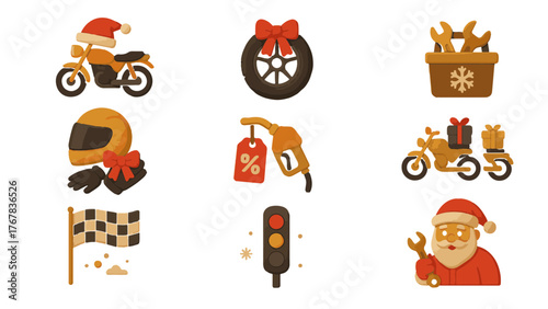 Motorcycle and Garage Christmas Icons Set. Santa mechanic, motorbike, tools, wheel with bow, discount tag, and traffic light. Great for automotive Christmas promotions.