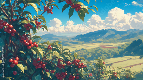 Fototapeta Naklejka Na Ścianę i Meble -  Anime style coffee trees in the forest, vast forest lofi art