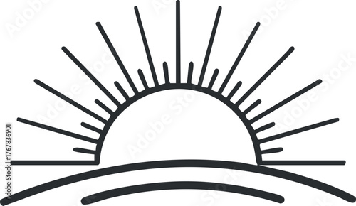 A simple and elegant illustration of a rising sun with rays and a horizon line.