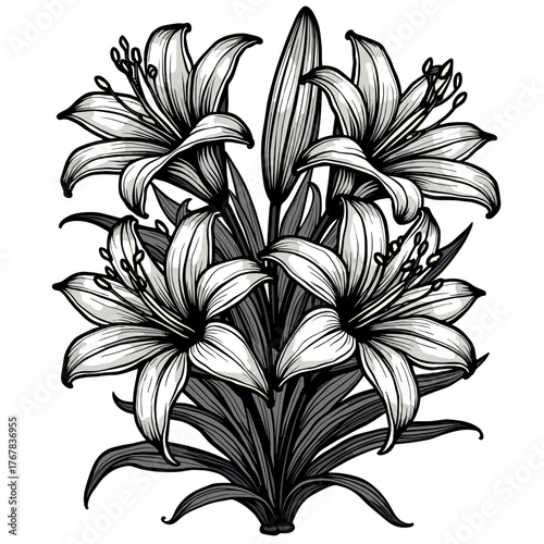 Black and white illustrated lilies arranged in a bouquet design  