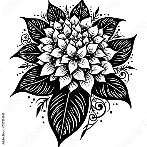 Detailed black floral tattoo design with ornamental elements  