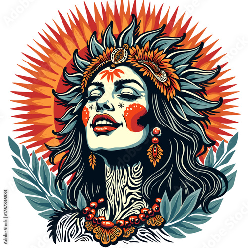 Woman with floral headdress and tribal face paint in vibrant colors - Concept of T-shirt print  
