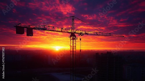 Crane silhouetted against a vibrant sunset skyline