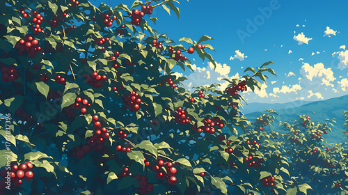 Fototapeta Naklejka Na Ścianę i Meble -  Anime style coffee trees in the forest, vast forest lofi art