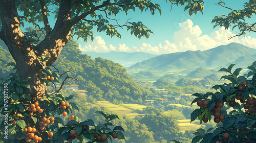 Fototapeta Naklejka Na Ścianę i Meble -  Anime style coffee trees in the forest, vast forest lofi art