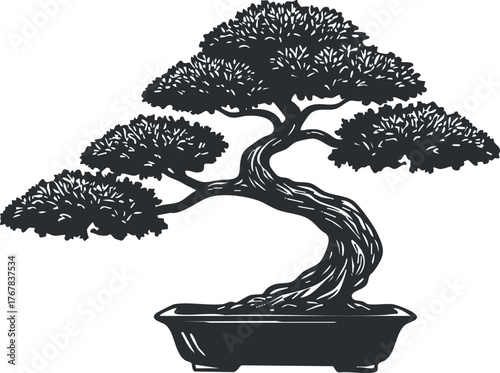 A detailed silhouette of a bonsai tree in a decorative pot symbolizing nature and tranquility.