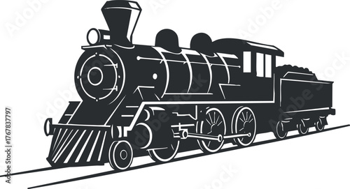 A vintage black and white illustration of a classic steam locomotive on the railway.