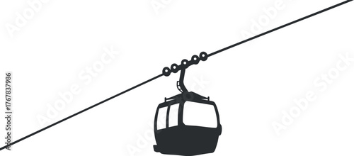 A silhouette of a cable car traveling along a suspended line against a simple background.
