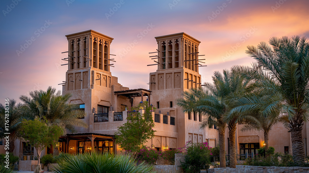 Obraz premium Desert village wind towers and palm gardens, soft dusk pastel, Africa, architecture, oasis, desert, palms, heritage, travel, design, with copy space