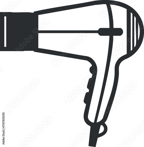 A sleek black and white illustration of a hairdryer ideal for beauty and personal care contexts.