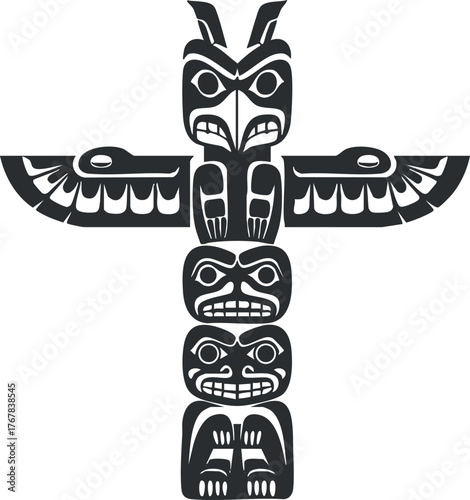 A stylized representation of a traditional totem pole featuring indigenous animal motifs.