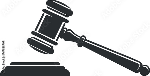 A black and white illustration of a gavel symbolizing law and justice in a courtroom context.