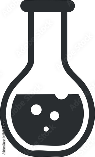 A black and white illustration of a laboratory flask containing liquid for scientific experiments.