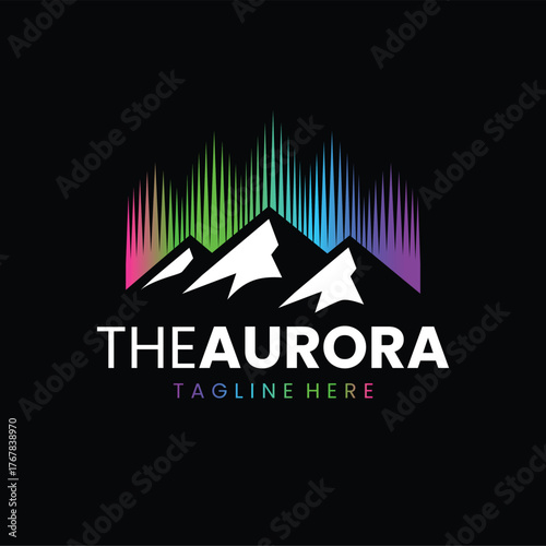 Aurora and Mountain Logo Design in Black Background. Minimalist and Modern. 