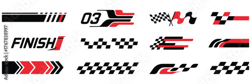 Racing stripes and checkered flag icons set, finish line symbols collection, red black white speed design elements, motorsport graphic vector pack for automotive and sport themes