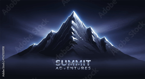 Majestic snow-capped mountain peak illuminated by dramatic light rays at dusk