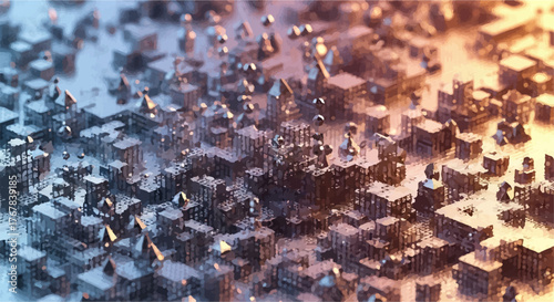 Abstract metallic geometric landscape with glowing warm and cool lights