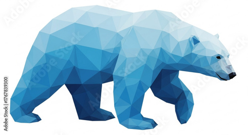 Geometric polar bear illustration in shades of blue walking on a white background