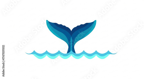 Whale tail rising from the ocean waves in shades of blue on a white background