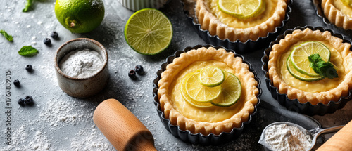 Baking tools and accessories arranged on white background with soft shadows